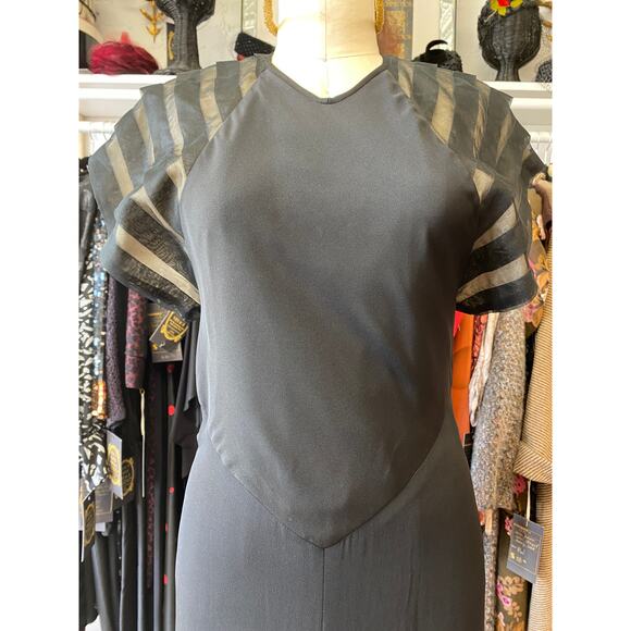 vintage 1970s black rayon dress with striped sleeves medium 1930s style art deco - Picture 2 of 10